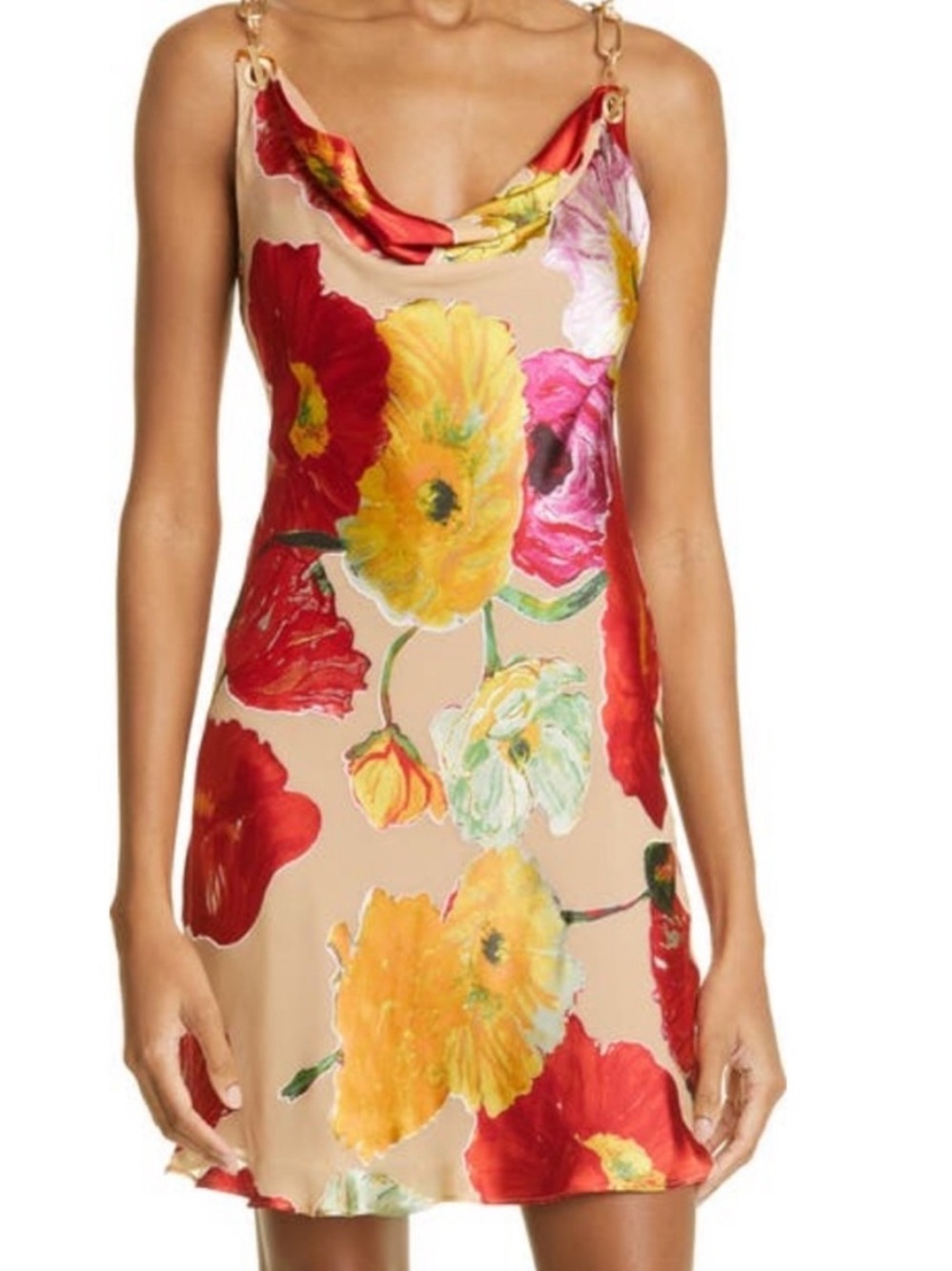 cult gaia Beige Floral Slip Mini Dress with Red and Yellow Blooms